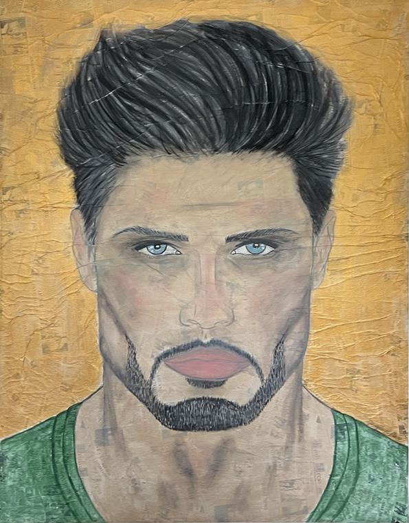 Gemaltes Portrait eines Mannes mit Bart und leuchtend blauen Augen vor goldenem Hintergrund