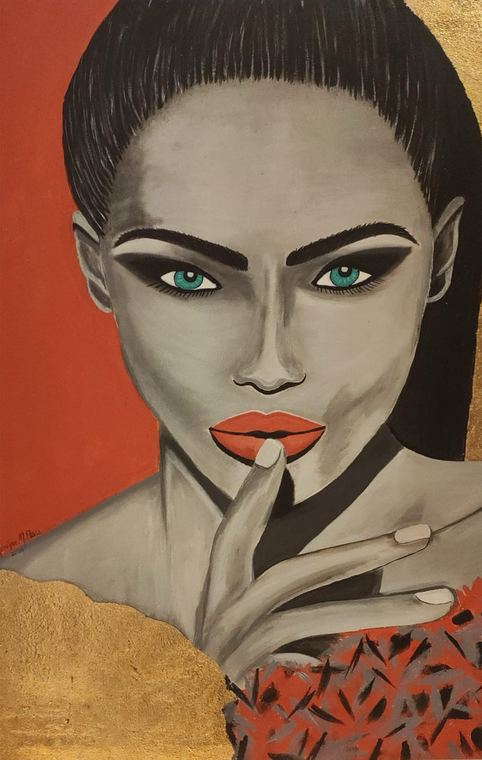 Gemaltes Portrait einer Frau mit dunklem Haar und orangeroten Lippen, den Finger vor den Lippen, vor Gold und Rot